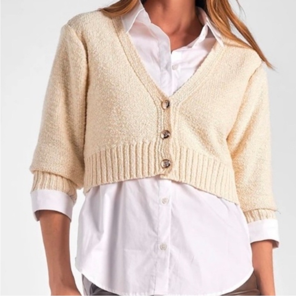 Elan white button-down with a chic cropped sweater overlay, two-in-one look S
